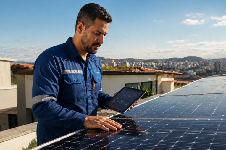 técnico inspecionando painel solar em residência em Belo Horizonte